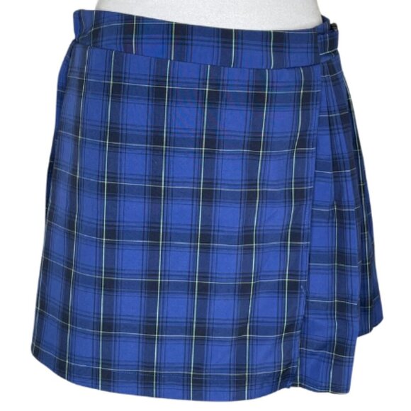 Wild Fable Schoolgirl Blu Blk Plaid Checker Pleated Elastic Buckle Mini Skirt M - Picture 1 of 8